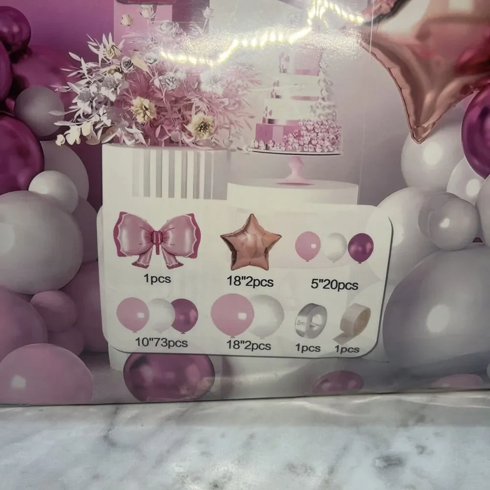 Pink & White Balloon Garland Arch Kit, Bow, stars,18in, 10in, 5in ballons 100 pc